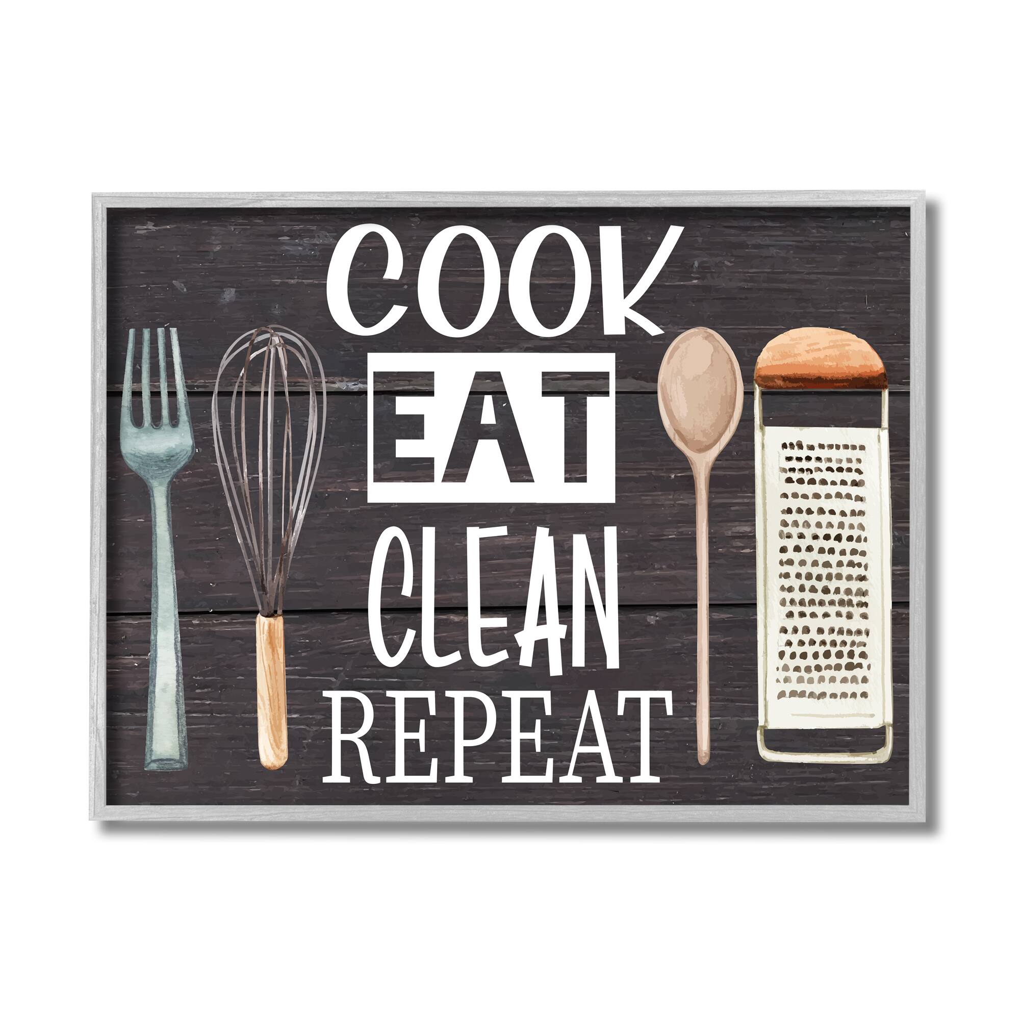 Stupell Industries Cook Eat Clean Humorous Quote Rustic Kitchenware in Gray Frame Wall Art